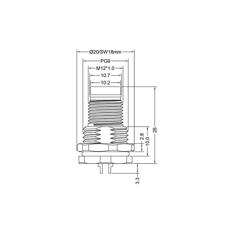 Push-pull m12 3pins A code male straight front panel mount connector PG9 thread,unshielded,solder,brass with nickel plated shell